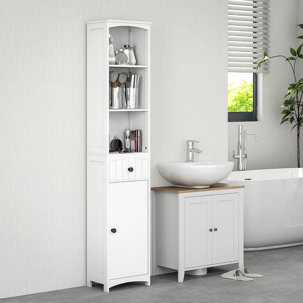 Badezimmer Hochschrank schmal 170cm Badschrank Aufbewahrung mit Schublade Regal weiß
