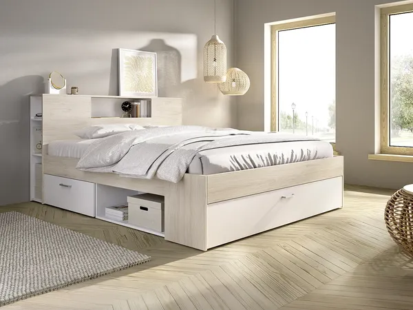 Vente-unique - LEANDRE Bett Holz, Platte BeigeWeiß - B 189,5 cm x H 95 cm x L 228,5 cm