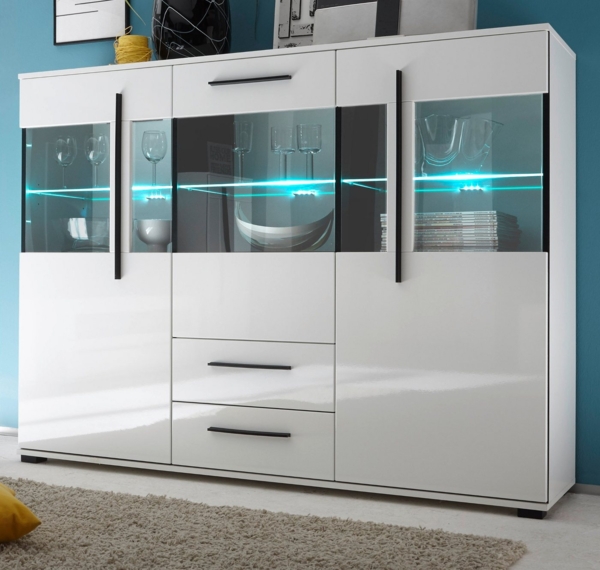 Furn. Design Highboard Design-D (Vitrine in weiß Hochglanz, 160 x 126 cm), mit Soft-Close und Parsol-Glas