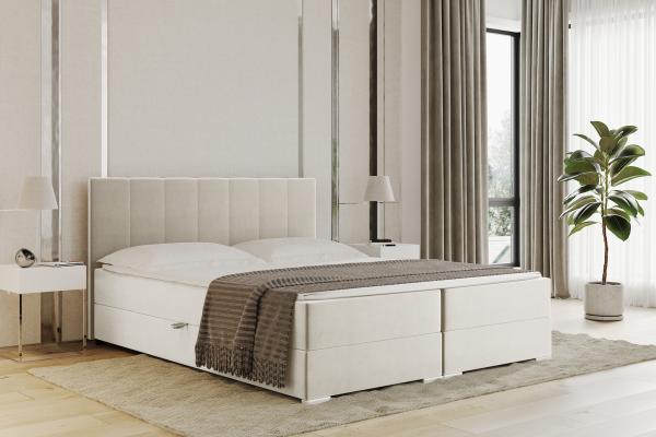 MEBLINI Boxspringbett CHANDON 160x200 cm mit Bettkasten – H3P/Creme Samt Polsterbett - Doppelbett mit Topper & Taschenfederkern-Matratze