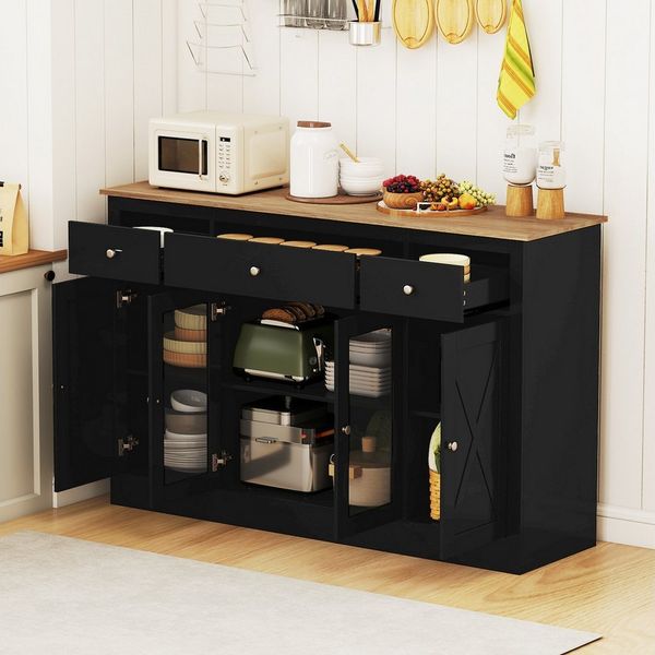 COSTWAY Küchenbuffet Sideboard Holz mit 2 Glastüren & verstellbaren Regalen