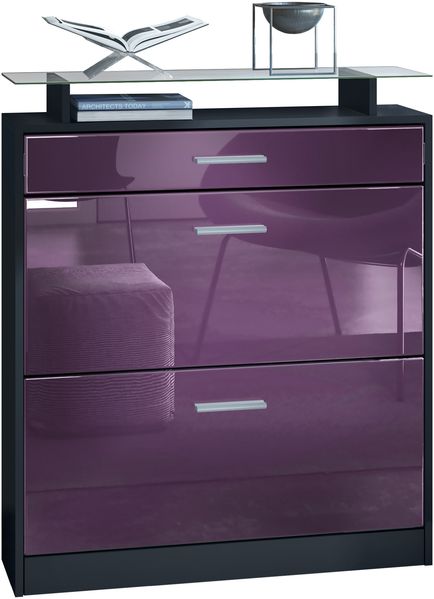 Vladon Schuhschrank Loret, Schuhkipper für 16 Paar Schuhe mit 2 Klappen und 1 Schublade und Glasablage, Schwarz matt/Brombeer Hochglanz (89 x 104 x 23 cm)