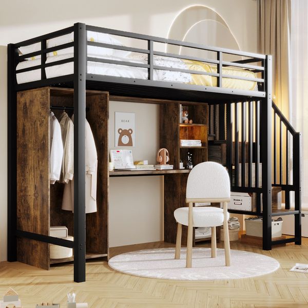 Hochbett mit Schreibtisch, Bücherregal, Kleiderschrank und Rausfallschutz, 90x200cm, Treppe mit Regal, Kinderbett, Metallbett
