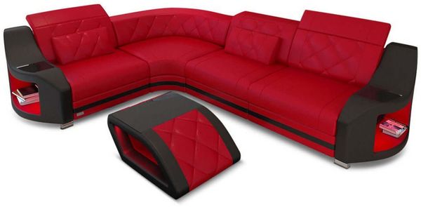 Mini Leder Ecksofa Genua – Stilvoll und Komfortabel - Kunstleder - Rot-Schwarz - Links