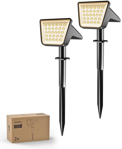 Philips 2 Stück Solarstrahler für Außen Garten, 28 LEDs 3000K Warmweiß Solarbetriebene Landschaftsbeleuchtung, Wasserdicht Wegeleuchten, Dusk to Dawn – für Garten, Hof, Rasen, Gehweg
