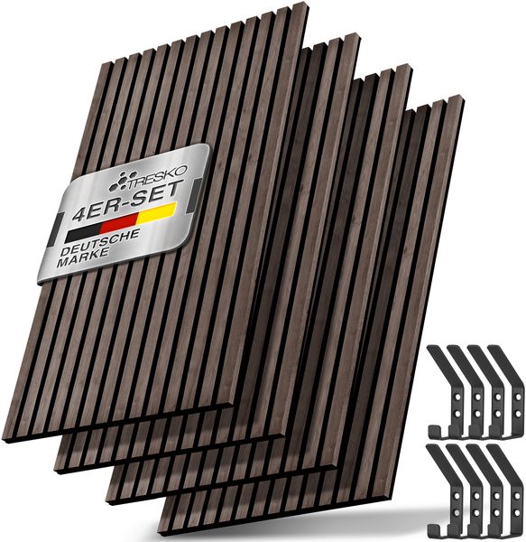 TRESKO® 4 Stück Akustikpaneele Holz 120×60 cm inkl. 8x Kleiderhaken | Wandverkleidung Nussbaum als 3D Lamellenwand | Holzpaneele Paneele für Schallschutz | Akustik Wandpaneele mit Montageset