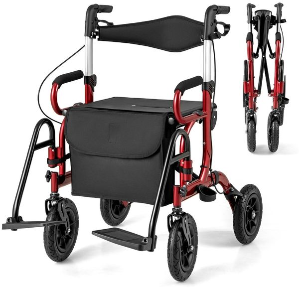 Rollator mit Luftbereifung faltbar und leicht mit Sitz 2 in 1 Rollstuhl &Reiserollator Rot