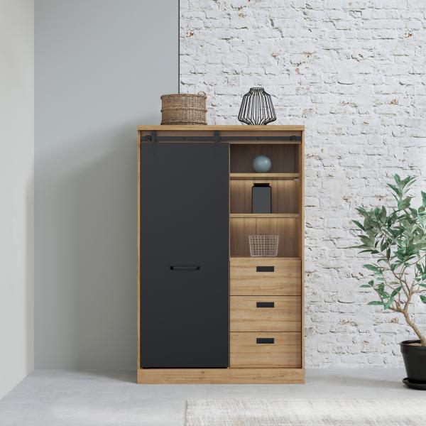 FORTE Kaszimiro Highboard mit LED Beleuchtung, Holzwerkstoff, Braun/Schwarz, 103,4 x 160,2 x 52 cm