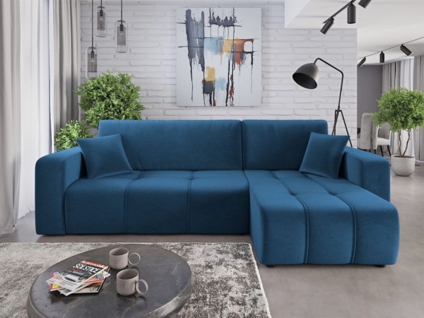Ecksofa mit Schlaffunktion Sofa DAGNY in Stoff Kronos Blau Ottomane Rechts