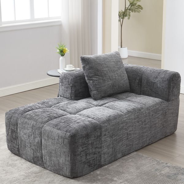 Schlafsofa 158x90x60 cm in Grau aus Chenille mit Chaise-Lounge, Seitentaschen und Kissen