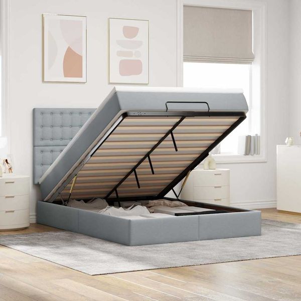 vidaXL Ottoman-Bett mit Matratze & LEDs Hellgrau 140x190 cm Stoff 3314169