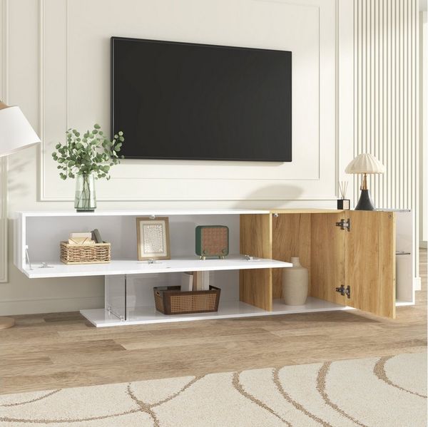 Merax Lowboard Hochglanz Weiß mit Holzoptik (1 St), TV-Schrank mit Klapptüren, Schränken und offenen Regalen, 180x38x48cm
