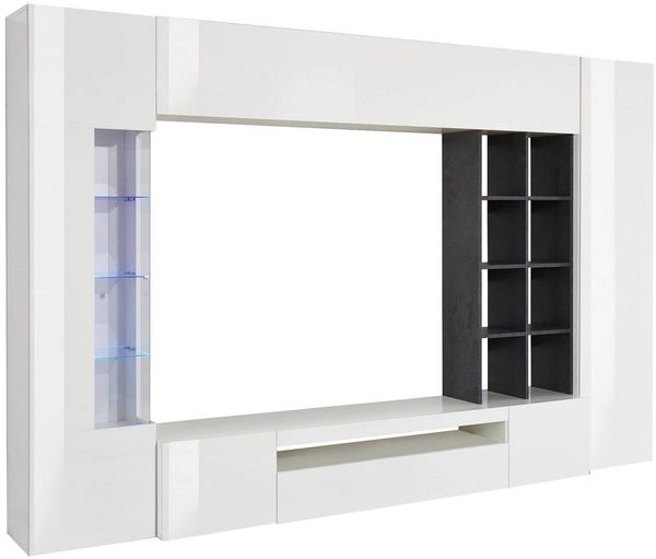 Dmora Ausgestattete Wand Andy, TV-Ständer-Wohnzimmerset, Mehrzweck-Wohnzimmermöbel mit LED-Licht, 100 % Made in Italy, 290 x 40 x 192 cm, glänzendes Weiß und Schiefer,
