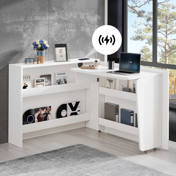 BlingBin Schreibtisch Eckschreibtisch (1-St, Klappbarer Schreibtisch mit Rollen, 2-in-1 Sideboard-Funktion), integriertes Wireless Charging, Regalfächer, Anti-Kipp-Sicherung