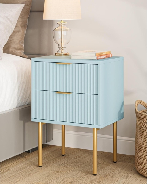 HEYZOEY Nachttisch Modern mit 2 Schubladen Blau MDF Goldenen Beinen