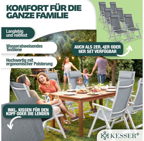 KESSER® Gartenstuhl Hochlehner mit Armlehnen | Aluminium Klappstuhl inkl. Kopfkissen Campingstuhl 7-Fach Verstellbar Rückenlehne | Atmungsaktiv & Wetterfest | Klappbar & Anti-Rutsch Hellgrau, 2 Stück Bild 2