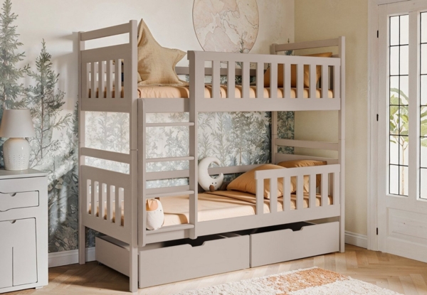 Kids Collective Hochbett 80x180, 90x200 cm mit 2 Schubladen Kinderbett mit Rausfallschutz Lattenrost, umbaubar in 2 Kinderbetten, Vollholz, Kaschmir, 200x90 cm