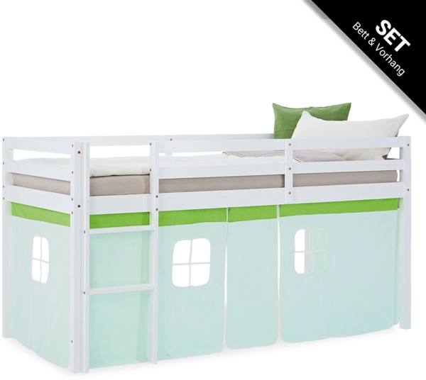 Hochbett Kinder 90x200 cm Kinderbett Kinderhochbett Stockbett Vorhang Grün Leiter Holz Massiv