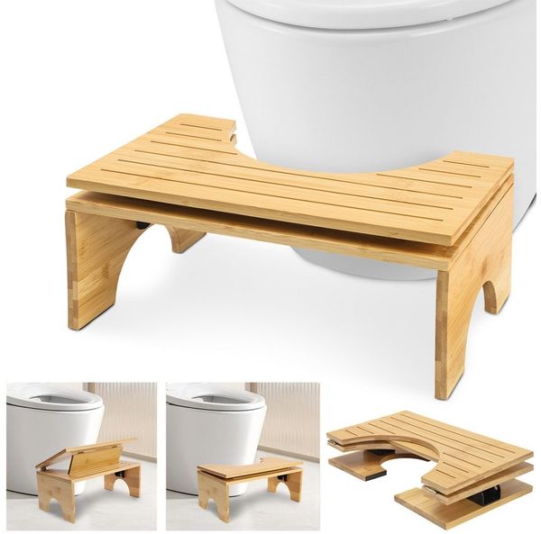 PRIISF Badhocker Toilettenhocker Bambus WC Hocker klappbar Klohocker Toilette Fußhocker (Falten Bambus Toilette Hocker Badhocker mit Anti-Rutsch-Pads Fußstütze, Badezimmer Hocker Toilettenstuhl Rutschfest für Erwachsene und Kinder), Ergonomischer für H...