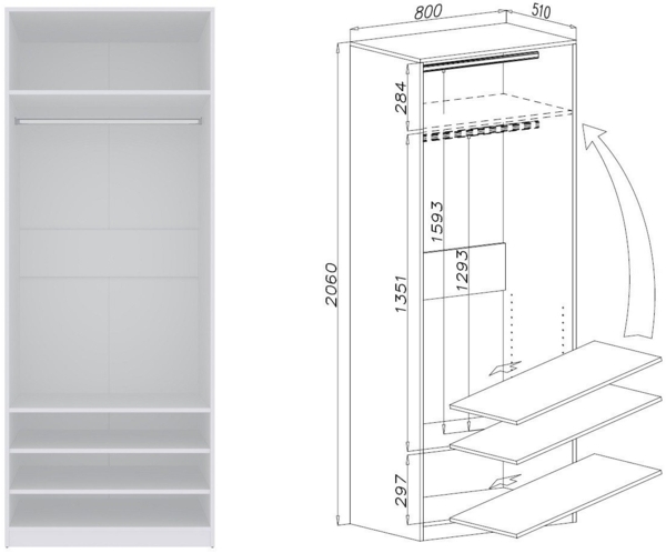 Marmex Möbel TRES 03B offener Schlafzimmerschrank mit Kleiderstange und Einlegeböden, Garderobenschrank ohne Türen, laminierte Spanplatte, weiß, 80x206x51 cm Bild 2