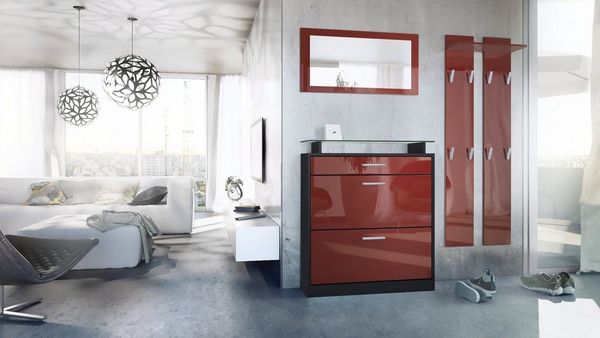 Vladon Garderobe Loret mini, Garderobenset bestehend aus 1 Schuhschrank, 1 Wandspiegel und 2 Garderobenpaneele, Schwarz matt/Bordeaux Hochglanz
