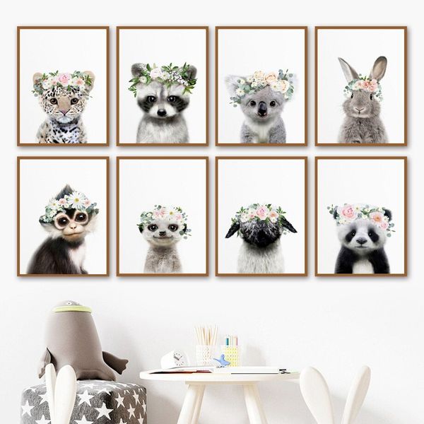 Poster Kinder Tiere mit Blumenkranz Hase Panda und Koala Bär als Deko Print ohne Rahmen - 70x100cm / 2