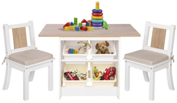 ONVAYA Kindertisch-Set mit Stühlen, mit Stauraum, Holz weiß