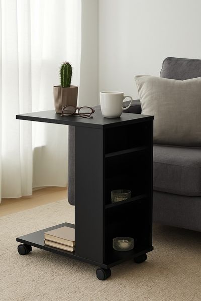 Beistelltisch mit Rollen in Schwarz – Rollregal mit Tischfunktion & seitlichem Zeitschriftenregal