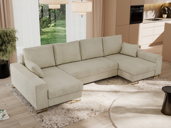 U-förmiges Ecksofa auf goldenen Metallbeinen, mit Schlaffunktion und drei Bettkästen für das Wohnzimmer - DORIAN U - Beige Velours