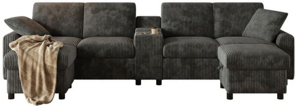 OKWISH Sofa für Wohnzimmer, Arbeitszimmer, U-förmiges Cord-Sofa mit Stauraum, Fußhocker & Ladefunktion, Couchtisch, USB & Type-C-Ports, Steckdosen – Wohn- & Familienbereich für Komfortliebhaber 1 Teile, mit Relaxfunktion