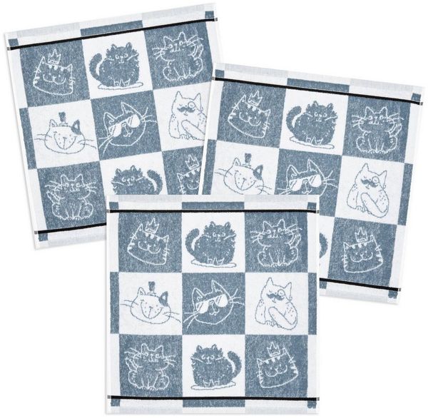 Kracht Geschirrtuch Cool Cat, (Set, 3-tlg, 3-teilig), 3er Pack Frottee Küchenhandtücher (3 Stück) ca. 50x50cm 100% Baumwolle