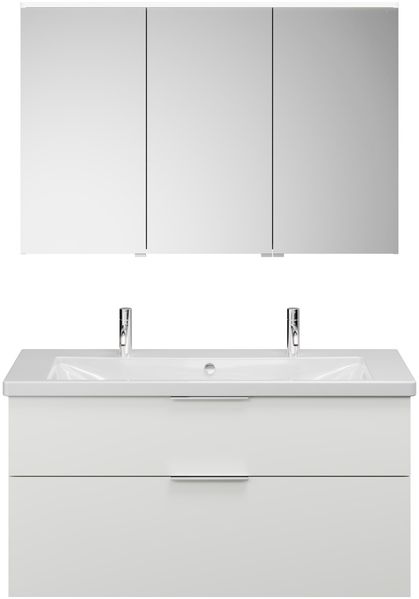 Burgbad EQIO Waschtisch Set mit Spiegelschrank 123 cm breit, Weiß Hochglanz, Doppelwaschbecken Keramik Weiß, 3-türig Anschlag links
