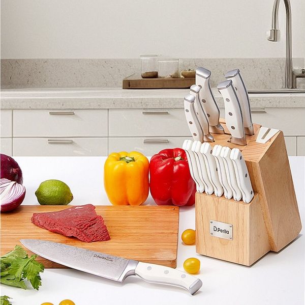 D.Perlla Messer-Set 14-teiliges Küchenmesserset mit selbstschärfendem Holzblock (Set, 14-tlg), mit Full-Tang-Konstruktion und einzigartigem Wellenmuster