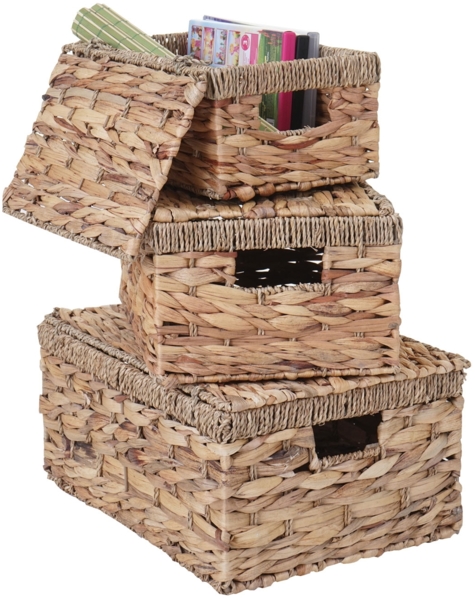 3er Set Aufbewahrungsbox HWC-C23, Truhe Kiste Box mit Deckel, Wasserhyazinthe naturfarben