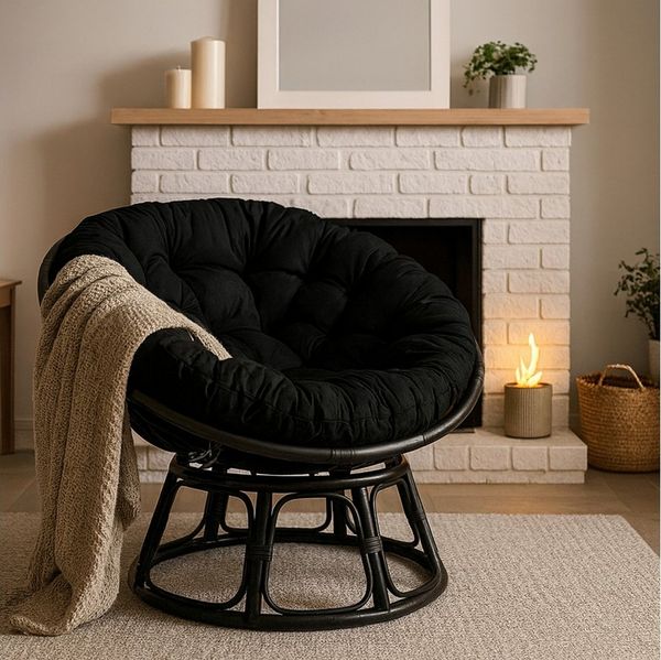 Van der Leeden Loungesessel Papasan Papasansessel XXL Ø 112 cm Handgefertigt Naturprodukt (Stück, 1-St, Packung), Inkl. Kissen, Rund, Schwarz, Loungestuhl, Schalensitz
