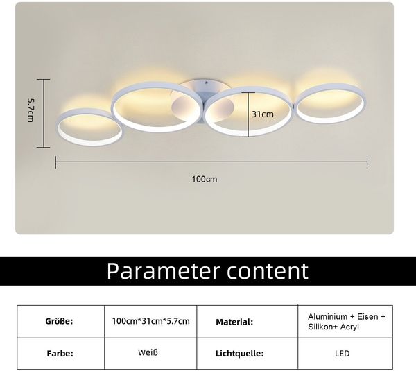 ZMH Deckenlampe LED Deckenleuchte Wohnzimmer: 100cm Wohnzimmerlampe Dimmbar 4-Ringen Modern Schlafzimmerlampe 56W Weiß Deckenbeleuchtung mit Fernbedienung Design für Schlafzimmer Büro Küche Bild 3