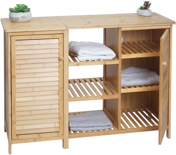Badezimmerschrank HWC-B18, Regal Kommode Badschrank Badregal, 2 Türen Bambus 75x99x33cm
