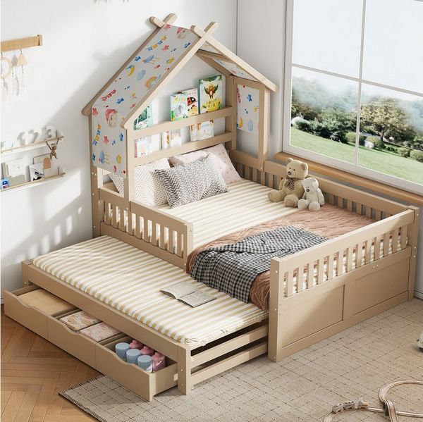 Merax Kinderbett 140x200 cm mit Haus-Design, Hausbett mit Dach und Ablage (1-tlg), Kiefernholz Kinderbett mit Ausziehbett,3 Schubladen,Sicherheitsgittern