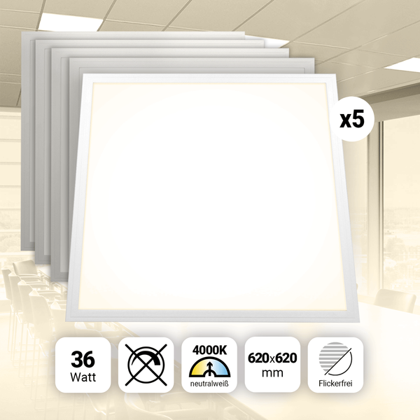 5x LED Panel 62x62 Neutralweiß 4000K 36W 4320lm Slim Alu PLs3.0
