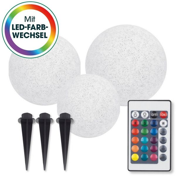 EASYmaxx Solarleuchte Set mit Farbwechsel | LED-Solarleuchte Set Stein Optik | Solarkugel Set witterungsbeständig | Solar Kugel 3er Set inkl. Fernbedienung | Solar-Leuchte Steinoptik mit Solarbetrieb