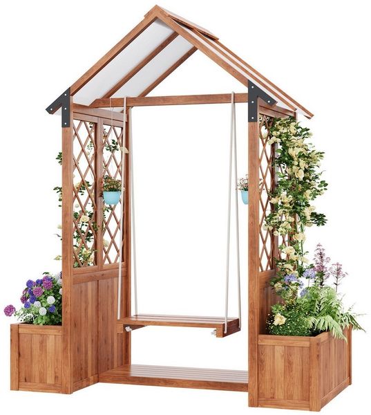 Merax Blumenkasten Pflanzkübel mit Outdoor-Schaukel und Sonnendach (1 St), Pflanzgefäß mit Spalier als Kletterhilfe, für Garten, Terrasse