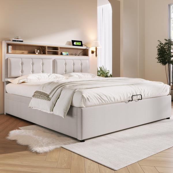 Merax Polsterbett Doppelbett mit USB C Steckdose Ladefunktion Kopfteil, Stauraumbetten Bettgestell aus Leinen 160x200, Beige