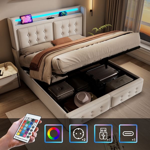 Polsterbett 140x200, Doppelbett mit Led-Kopfteil und USB C Ladefunktion, Hydraulisches Bett mit Lattenrost aus Holz und Metallrahmen, Belastbarkeit 300 kg,Beige,Baumwolle(Ohne Matratze)