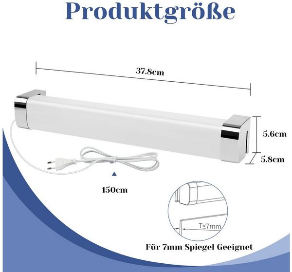 ZMH LED Spiegelleuchte mit Stecker 37CM Chrom leuchte Schlafzimmer, Langlebige Materialien, LED fest integriert, 4000K, 10W Neutralweiß Schminklicht leuchte