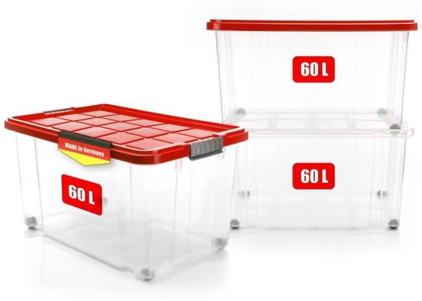 BigDean 3 Stück 60 L Aufbewahrungsbox mit Deckel groß rot - stapelbare robuste Box - rollbare Stapelbox mit festen Klickverschlüssen - Made in Germany