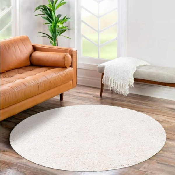 carpet city Shaggy Hochflor Teppich - Rund 200 cm - Creme - Langflor Wohnzimmerteppich - Einfarbig Uni Modern - Flauschig-Weiche Teppiche Schlafzimmer Deko Bild 5