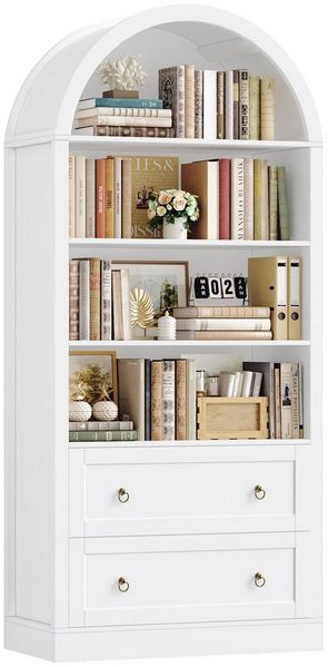 Homfa Bücherregal gewölbter Bücherschrank mit 2 Schubladen, Standregal mit 8 offenen Fächern Büroregal Holz 177x79,5x36cm