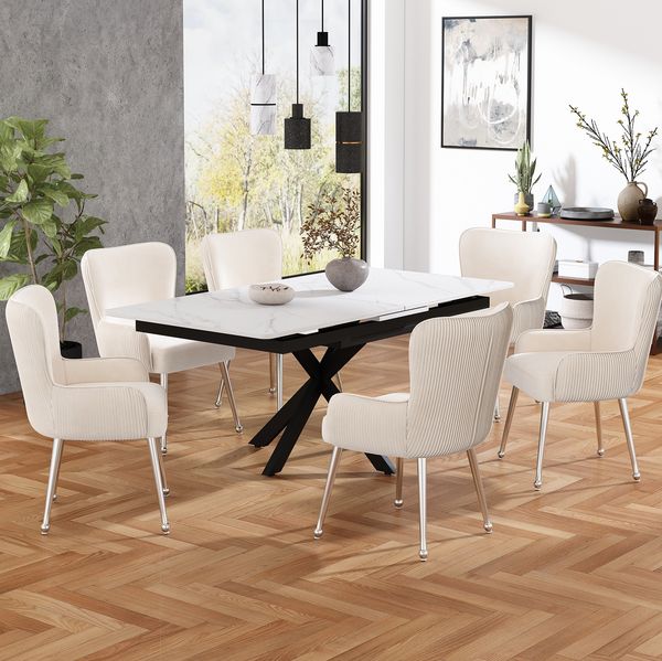 Esszimmerstuhl H 83 x T 53 x B 57 cm aus Samt mit Metallbeinen, Armlehnen und verstellbaren Fußenden, Beige, 6er-Set