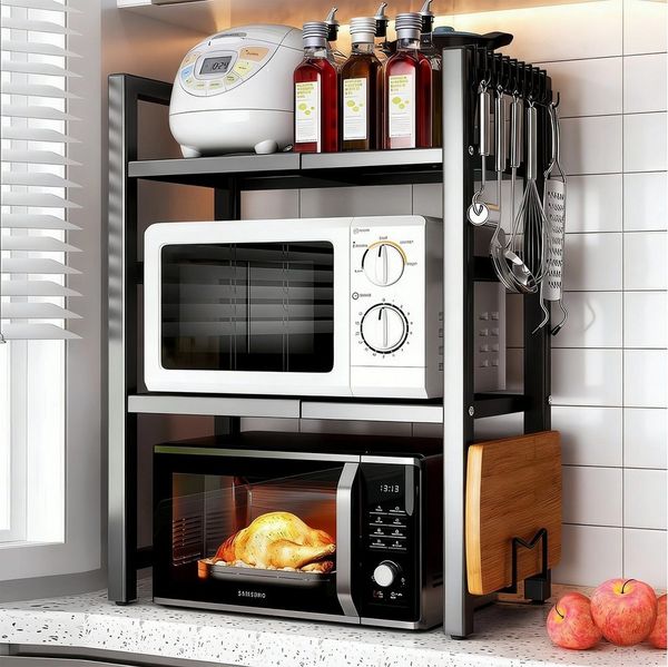 BlingBin Küchenregal Erweiterbarer Mikrowellenregal, Mit 6 Haken und Schneidebrett-Halter, Küchen-Aufbewahrung Organizer 1-tlg, Regalelement für Backofen/Kaffeemaschine, Stabile Microwave Stand