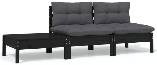 vidaXL 3-tlg. Garten-Lounge-Set mit Kissen Schwarz Kiefer Massivholz 806686